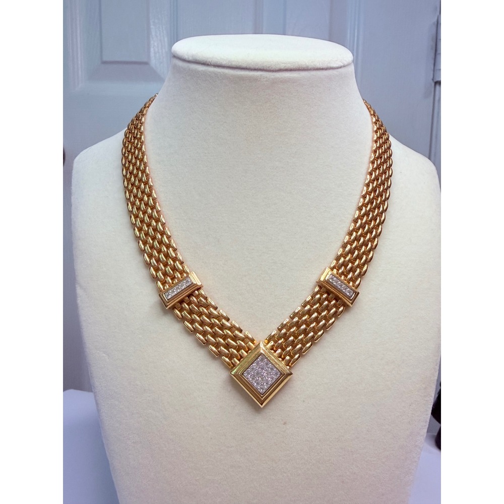 AVON Brick Chain Design V Shape Pave Rhinestone Push Lock Gold Tone Necklace 18"